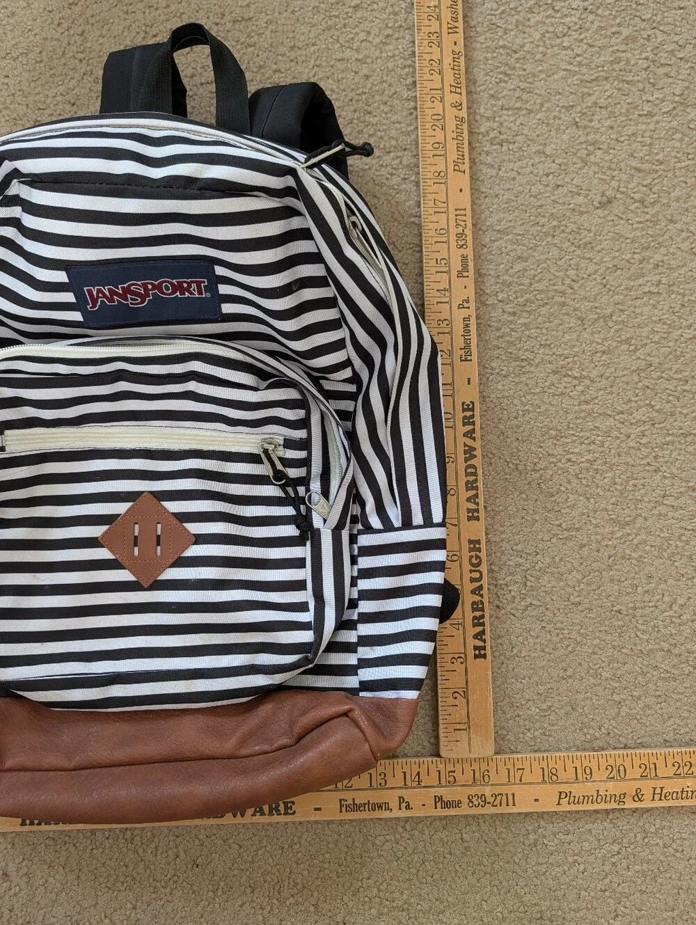 Jansport Black and White Striped Backpack with Brown Accent